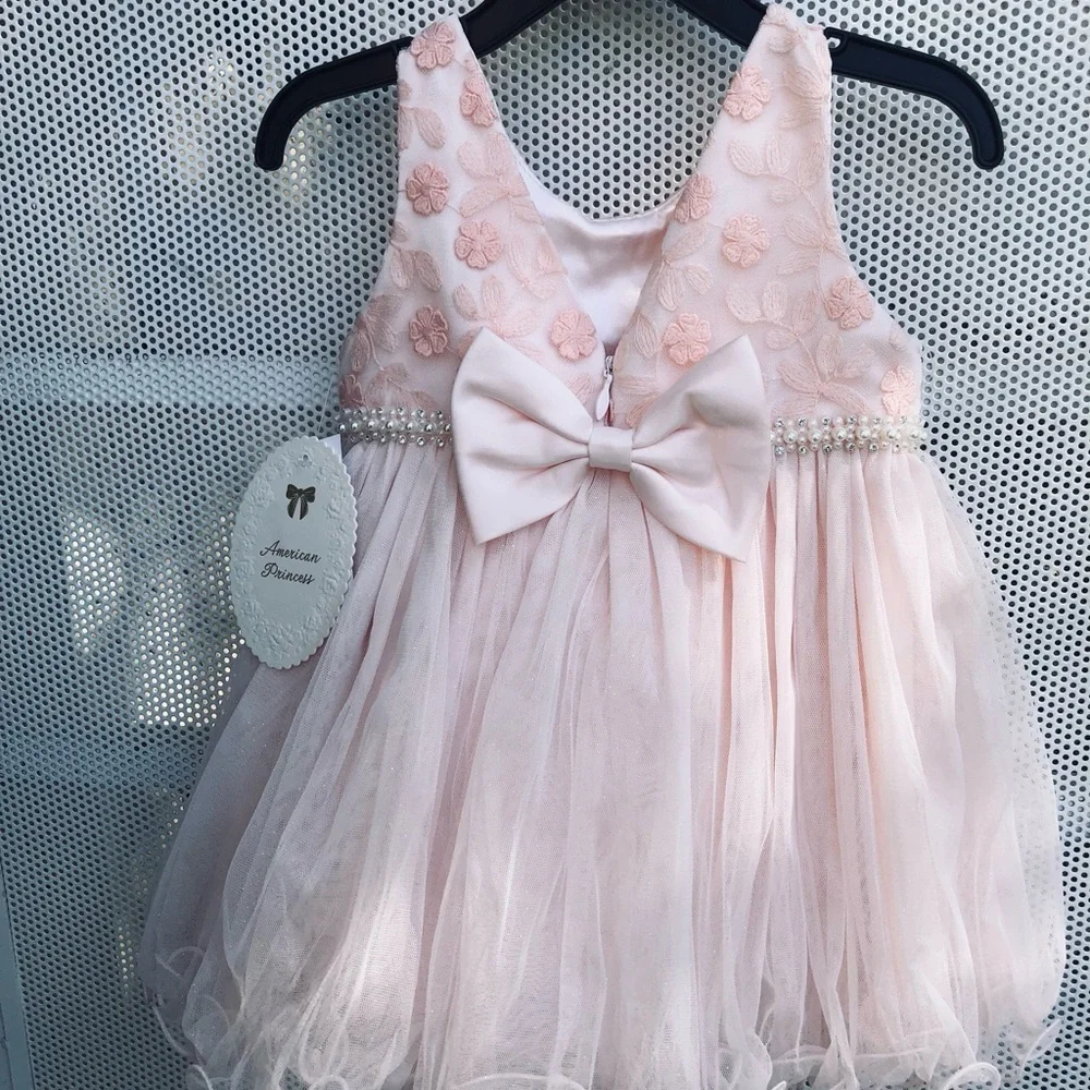 American Princess Light Pink Floral Pearl-Trim Tulle Dress